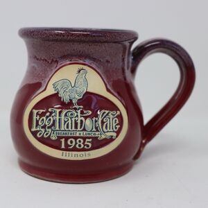 Deneen Pottery Egg Harbor Cafe Illinois Coffee Mug Burgundy Ivory Drip 1985